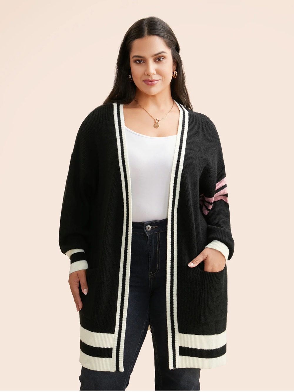 Bloomchic Black Open-Front Long Cardigan Sweater with Pink Stripe 22/24 NEW